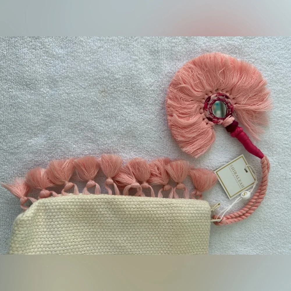 Shiraleah 12” x 8 “  Boho Zip Cream & Pink Lined Cosmetic Bag  NWT